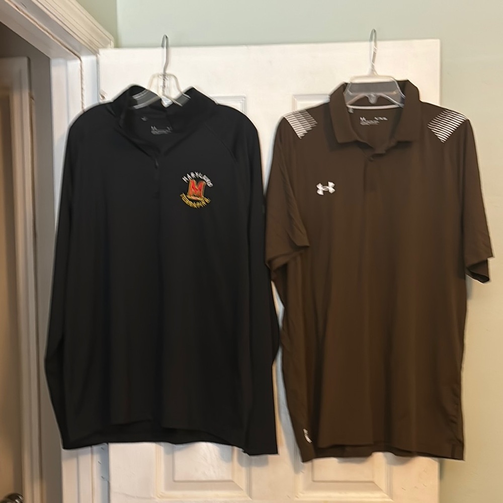 2 Under Armour Black long sleeve q zip and Brown Polo Shirts Performance Casual